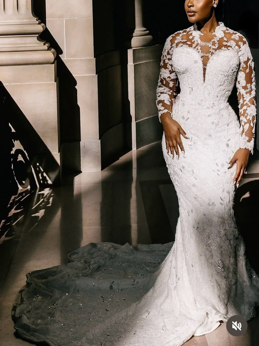 Illusion-Sleeve White Lace Mermaid Wedding Gown